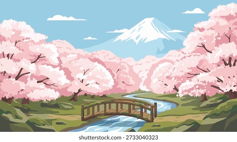A serene scene of a river flowing under a wooden bridge, surrounded by blooming cherry trees, with the iconic Mount Fuji in the background.