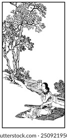 A serene scene shows a woman playing a traditional string instrument while seated beneath a tree with intricate, leafy branches, beside a pathway bordered by a fence.