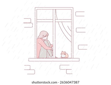 Uma cena serena mostra uma mulher sentada em uma janela com seu gato enquanto a chuva cai do lado de fora, criando uma vibração acolhedora