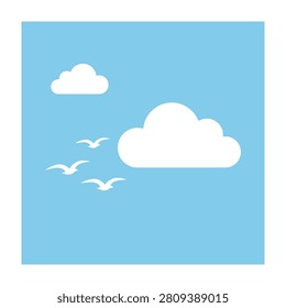 Serene scene of white clouds and birds flying in a clear blue sky with puffy cloudscape