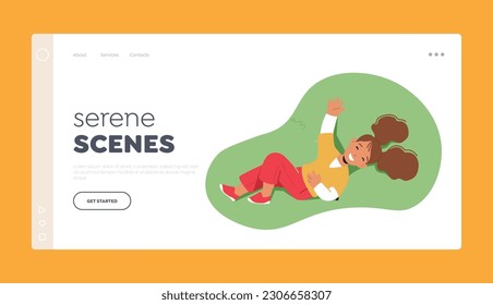 Vorlage für die Landing Page von Szenen. Kleine Girl-Charaktere, die auf einer grünen Wiese, umgeben von Natur, entspannen Sie sich oben, fühlen Sie das Gras unter ihr. Vektorgrafik von Cartoon People