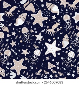 Serene seamless marine pattern with whimsical starfish, jellyfish, squids, and shells on a deep blue background. Perfect for oceanic themes, textiles, and decor, capturing trending undersea beauty.