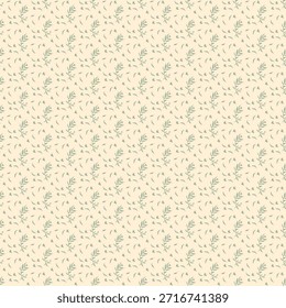 Patrón sereno sin fisuras con ramas botánicas de color verde salvia y hojas delicadas dispersas sobre fondo crema cálida Ideal para textiles minimalistas de decoración para el hogar y Vector de marca orgánica