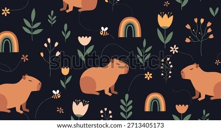 Serene seamless pattern showcasing capybaras, vibrant flowers, green leaves, buzzing bees, and pastel rainbows on a dark background.