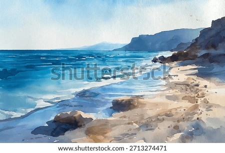 Serene seaside scene with gentle waves lapping against a sandy shore watercolor vector illustration. The ocean glistens in various shades of blue under the clear sky, while distant cliffs add depth