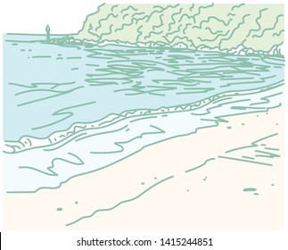 a serene seaside setting hand drawn style vector design illustrations.