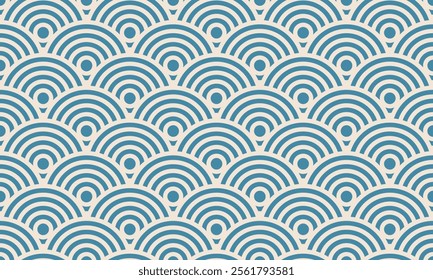 Serene Seigaiha Waves. Seamless pattern of overlapping teal semicircles on a beige background.