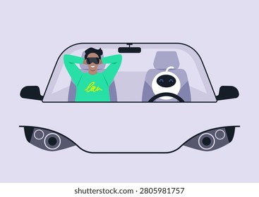 In a serene setting, a driverless car glides smoothly through the city, as a relaxed passenger in comfy attire enjoys a restful moment alongside an adorable robotic companion.