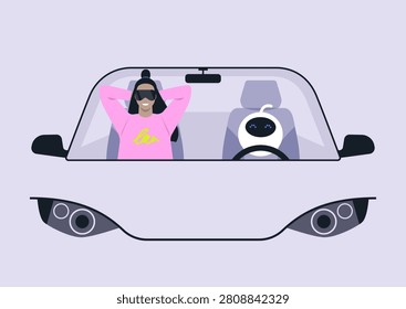 In a serene setting, a driverless car glides smoothly through the city, as a relaxed passenger in comfy attire enjoys a restful moment alongside an adorable robotic companion.