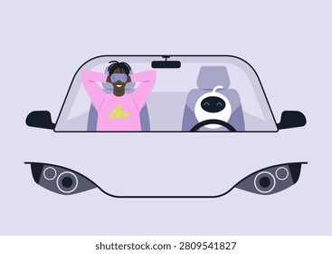 In a serene setting, a driverless car glides smoothly through the city, as a relaxed passenger in comfy attire enjoys a restful moment alongside an adorable robotic companion.