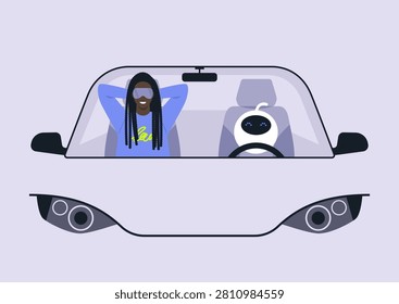 In a serene setting, a driverless car glides smoothly through the city, as a relaxed passenger in comfy attire enjoys a restful moment alongside an adorable robotic companion.