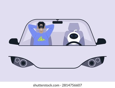 In a serene setting, a driverless car glides smoothly through the city, as a relaxed passenger in comfy attire enjoys a restful moment alongside an adorable robotic companion.