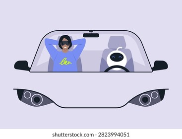 In a serene setting, a driverless car glides smoothly through the city, as a relaxed passenger in comfy attire enjoys a restful moment alongside an adorable robotic companion.