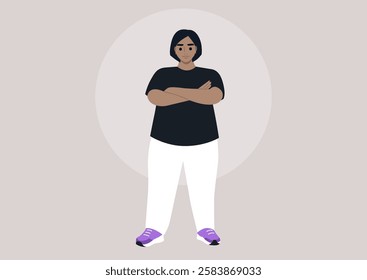 In a serene setting, a plus size model confidently poses with arms crossed, embodying self-assurance while dressed in casual yet stylish clothing that emphasizes comfort