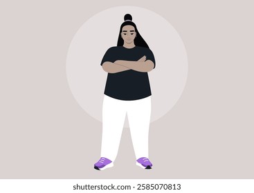 In a serene setting, a plus size model confidently poses with arms crossed, embodying self-assurance while dressed in casual yet stylish clothing that emphasizes comfort