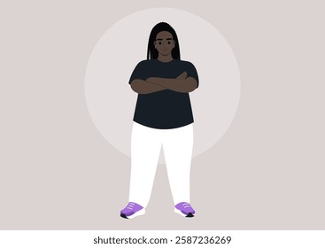 In a serene setting, a plus size model confidently poses with arms crossed, embodying self-assurance while dressed in casual yet stylish clothing that emphasizes comfort