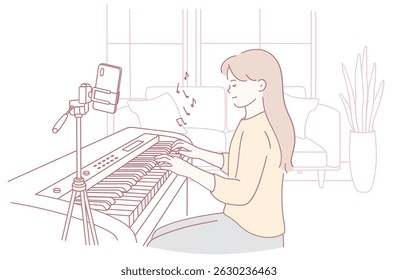 In a serene setting, a talented woman plays the piano at home, recording her music with a smartphone