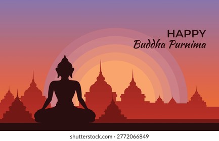 A serene silhouette of Buddha meditating in front of temples at sunset, celebrating Happy Buddha Purnima. Ideal for spiritual, meditation, or cultural content.