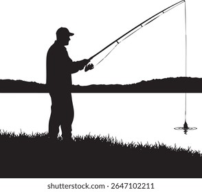 uma silhueta serena de uma pessoa que pesca ao pôr do sol ou ao nascer do sol