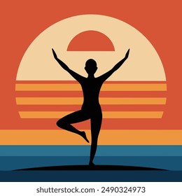 Eine ruhige Silhouette einer Person, die Yoga an einem Strand während eines atemberaubenden Sonnenaufgangs praktiziert, verkörpert Frieden und Ruhe.