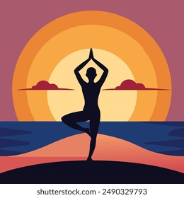 Eine ruhige Silhouette einer Person, die Yoga an einem Strand während eines atemberaubenden Sonnenaufgangs praktiziert, verkörpert Frieden und Ruhe.