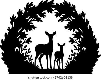 A serene silhouette of three deer standing in a lush, leafy grove