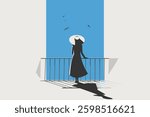 A Serene Silhouette of a Woman in a Hat Enjoying Tranquil Views of the Blue Sky and Flying Birds from a Balcony