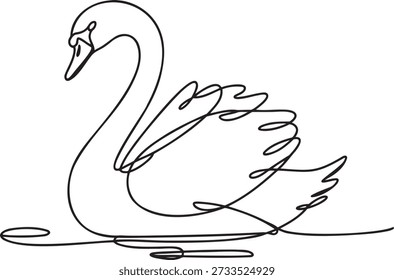 Serene single line drawing representing swimming swan with curved neck and flowing body minimal continuous stroke art perfect for peaceful nature themes elegant water bird illustration simple aesthetic outline design delicate sketch