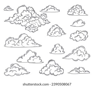 Serene Sketch Of Fluffy Clouds, Drifting Lazily Across The Open Sky, Changing Shapes In A Tranquil Display Of Nature Beauty. Doodle Hand Drawn Cloudscape, Black and White Clouds. Vector Illustration