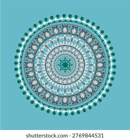 Serene sky blue hand-drawn celestial mandala design showcasing elegant white filigree icons and dark blue geometric strokes