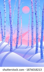 Serene snow in the woods. Birch trees lit by winter sun.