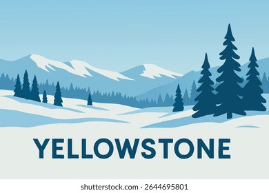 The serene, snowy landscape of Yellowstone National Park in winter, where steam rises from geothermal geysers and snow blankets the forest, creating a peaceful, frozen winter wonderland