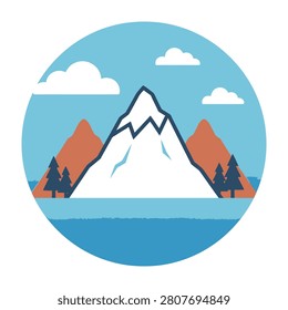 Serene snowy mountain landscape with orange mountains trees and calm water under blue sky