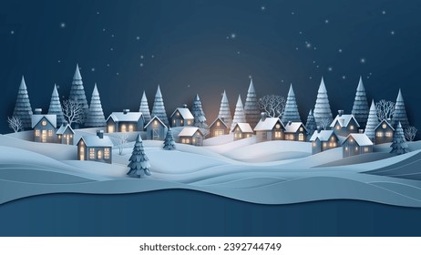 A serene snowy village at night with warmly lit houses, surrounded by pine trees and a starlit sky. Perfect for Christmas, winter, and holiday-themed designs.paper art cut.