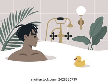 Serene Soak in a Stylish Bathtub Amidst Lush Greenery, a person relaxes in a foam-filled tub with a rubber duck, surrounded by indoor plants and elegant fixtures