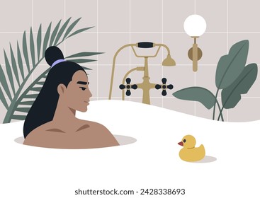 Serene Soak in a Stylish Bathtub Amidst Lush Greenery, a person relaxes in a foam-filled tub with a rubber duck, surrounded by indoor plants and elegant fixtures