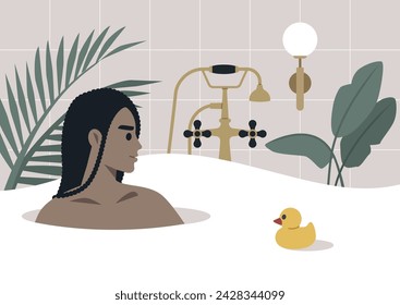 Serene Soak in a Stylish Bathtub Amidst Lush Greenery, a person relaxes in a foam-filled tub with a rubber duck, surrounded by indoor plants and elegant fixtures