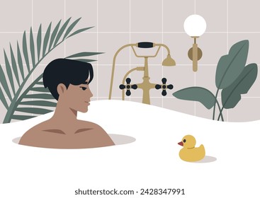 Serene Soak in a Stylish Bathtub Amidst Lush Greenery, a person relaxes in a foam-filled tub with a rubber duck, surrounded by indoor plants and elegant fixtures