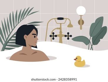 Serene Soak in a Stylish Bathtub Amidst Lush Greenery, a person relaxes in a foam-filled tub with a rubber duck, surrounded by indoor plants and elegant fixtures