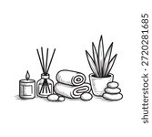 A serene spa arrangement featuring candles towels stones and a potted plant