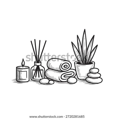 A serene spa arrangement featuring candles towels stones and a potted plant