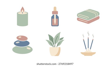 A serene spa scene featuring a candle, plant, towels, and stones for relaxation.