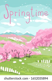 Serene spring landscape, blossoming trees ang sheep grazing in meadows.  vector illustration 