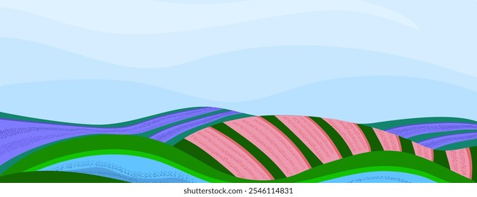 Serene spring landscape illustration featuring soft rolling hills in shades of green, pink, and purple. Ideal for use in greeting card, seasonal design, background, poster, banner