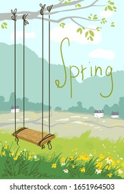 Serene spring landscape with a swing, vector illustration 