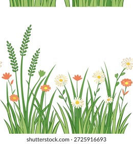 Sereno prados de primavera sin patrón de baldosas con flores silvestres hierbas suaves y una atmósfera de concepto de rejuvenecimiento como flores silvestres y hierbas suaves en un sereno prado de primavera crean un patrón de baldosas sin costuras lleno de energía rejuvenecedora en Foto de archivo Concepto y espacio vacío en el lado izquierdo, sin texto --ar 7:2 --tile