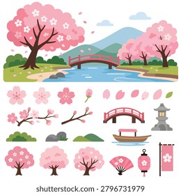 A serene spring scene with cherry blossom trees by a river and mountain backdrop.