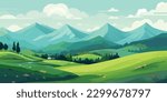 Serene Spring Splendor  Mountainous Landscape with Fresh Green Fields and Clear Blue Sky   Cartoon Vector Illustration