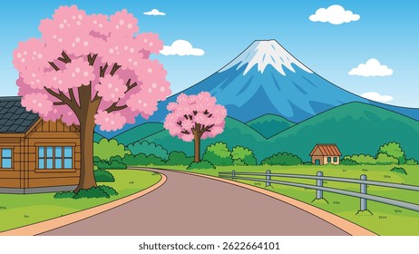 A serene springtime scene featuring Mount Fuji and blooming cherry blossoms