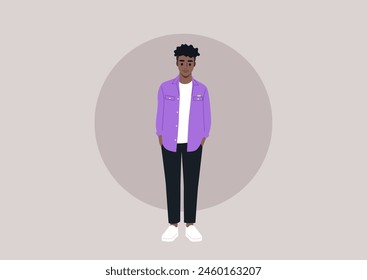 Serene Stance, Casual Elegance, A person stands poised in a stylish mauve shirt paired with crisp white pants